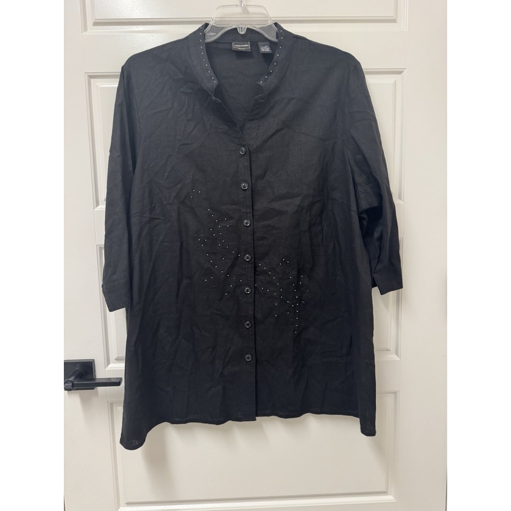 Bobbie Brooks Black Linen Rayon Beaded Blouse Button Front 2XL 20W Woman